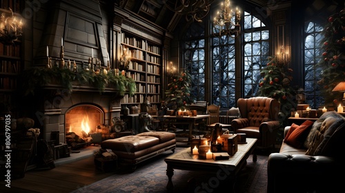 Luxury living room with fireplace and christmas tree. Panorama