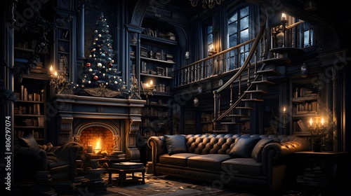 Christmas living room with fireplace and christmas tree. 3d rendering