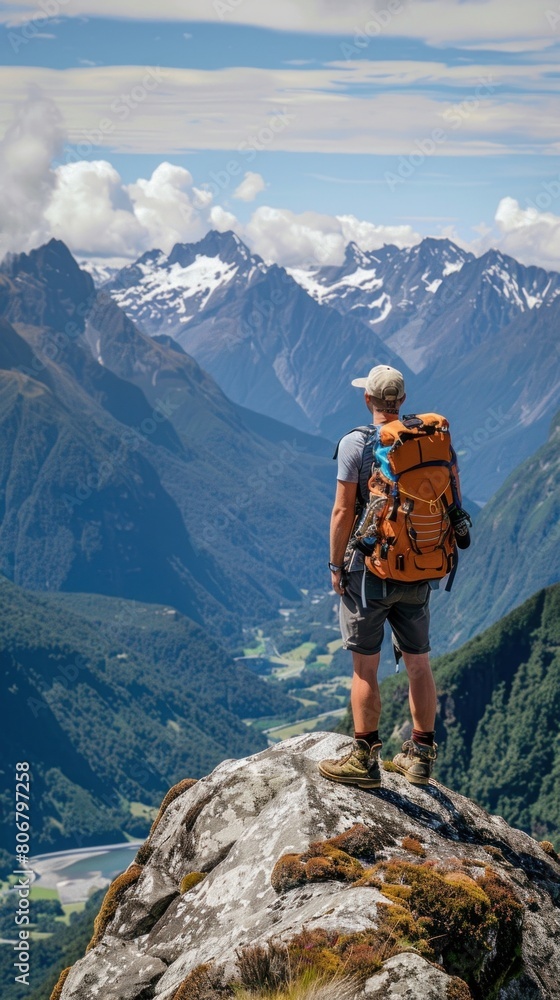 Obraz premium Man in shorts with a backpack on a mountain peak, under a cloudy sky