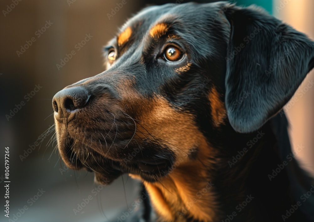 Close-Up Portrait of a Black and Tan Dog with Soulful Eyes at Sunset