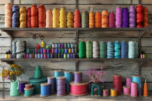 rainbow of sewing notions and craft supplies artfully arranged on rustic wooden shelves 3d render photo