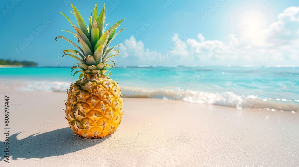 A pineapple on a sandy beach, near a crystal-clear body of water, against a backdrop of a blue sky A pineapple on a sandy beach, near a crystal-clear body of water, against a backdrop of a blue sky