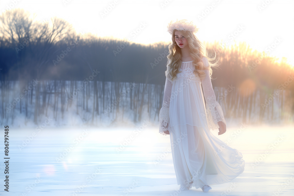 Scandinavian woman bathed in the soft light of dawn, wearing a traditional Lucia crown, stands on a frozen lake surrounded by a snow-covered forest. Timeless connection between humanity and nature. Scandinavian woman bathed in the soft light of dawn, wearing a traditional Lucia crown, stands on a frozen lake surrounded by a snow-covered forest. Timeless connection between humanity and nature.
