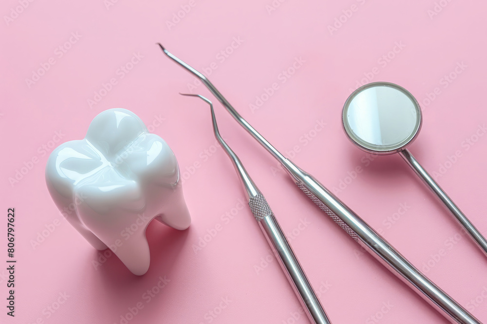 Tooth model with dentists instruments, including a mirror and probes on pink background. Dental care and regular check-up with dentist concept Tooth model with dentists instruments, including a mirror and probes on pink background. Dental care and regular check-up with dentist concept
