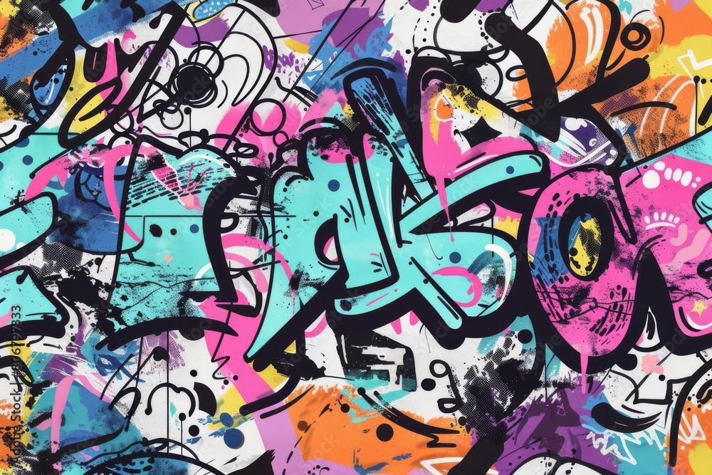 seamless graffiti art pattern with spray paint splatters and street style doodles digital illustration