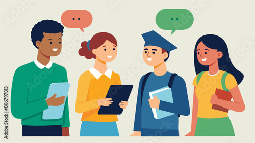 A group of high school students chat about the myth that scholarships are only for academic geniuses and athletes.. Vector illustration