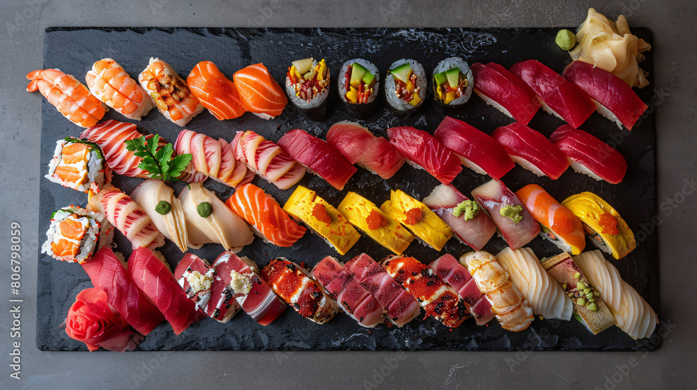 Assorted sushi nigiri and maki big set on slate
