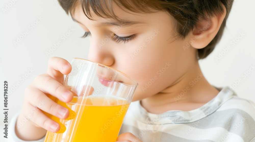 adorable kid drinking a glass of orange juice on a blurry light background. having breakfast. adorable kid drinking a glass of orange juice on a blurry light background. having breakfast.
