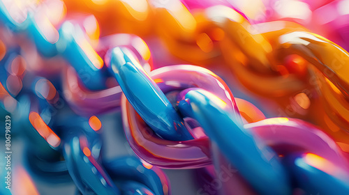 Multicolored 3D rendering of a chain with links in blue, pink and orange. photo