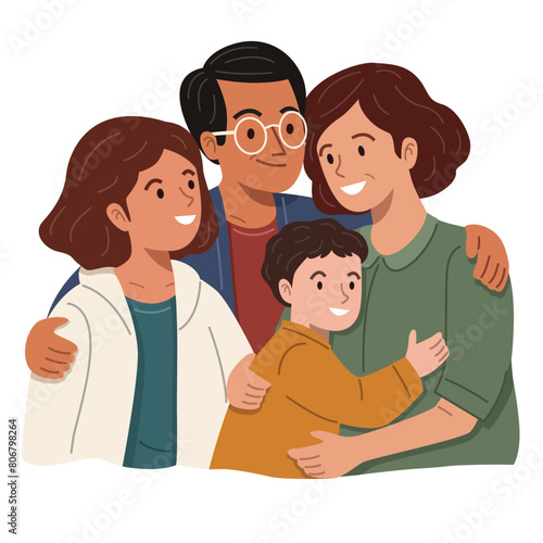The happy family, a father, mother, son, and daughter, hug each other in a bonding embrace.