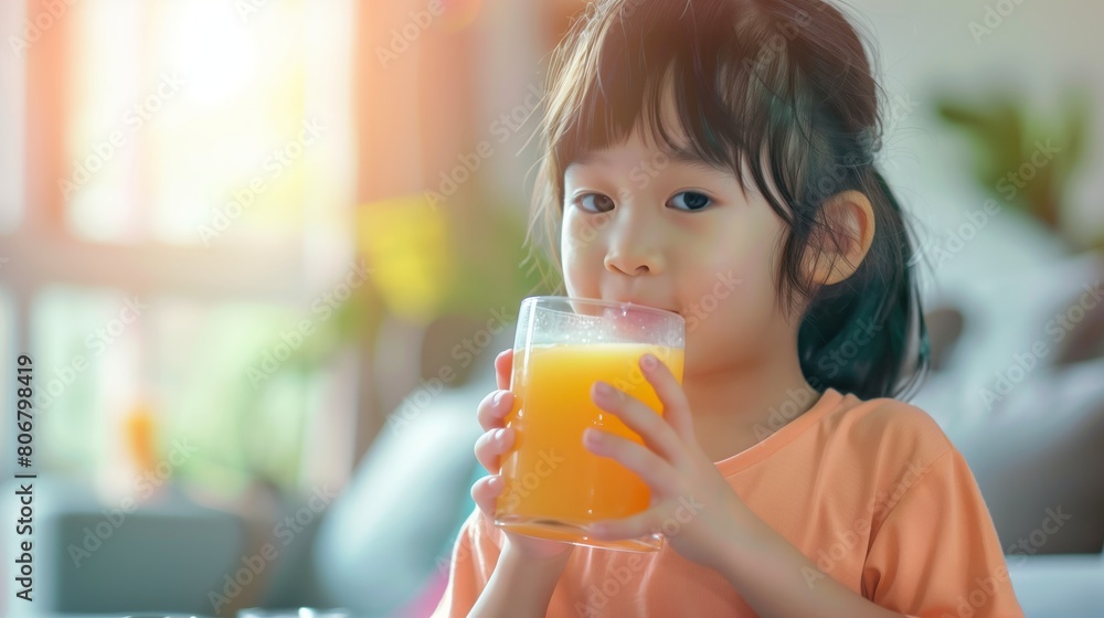 adorable kid drinking a glass of orange juice on a blurry light background. having breakfast. adorable kid drinking a glass of orange juice on a blurry light background. having breakfast.