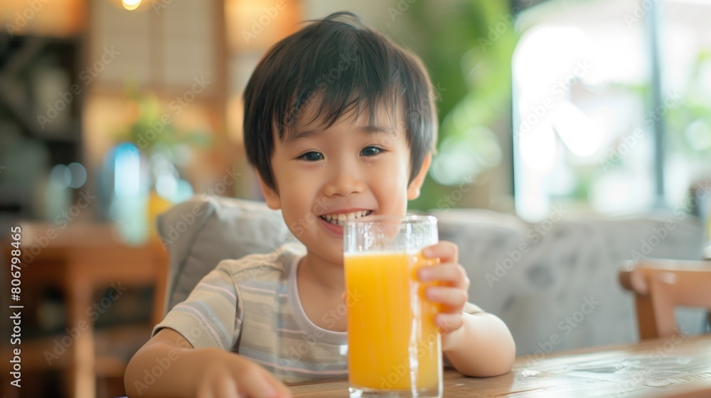 adorable kid drinking a glass of orange juice on a blurry light background. having breakfast. adorable kid drinking a glass of orange juice on a blurry light background. having breakfast.