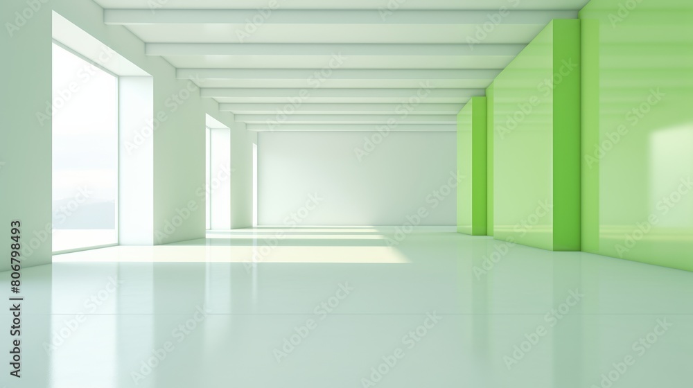 The image is of an empty room with white walls and a green floor. There are two large windows on the left side of the room and a green wall on the right side. The room is lit by natural light from the The image is of an empty room with white walls and a green floor. There are two large windows on the left side of the room and a green wall on the right side. The room is lit by natural light from the