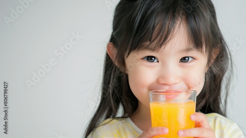 adorable kid drinking a glass of orange juice on a blurry light background. having breakfast.