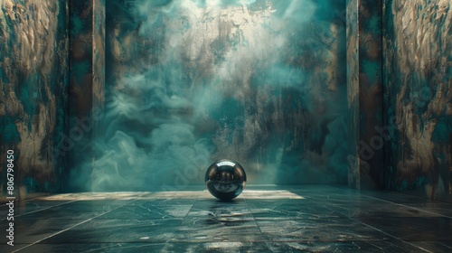   A ball sits in a smoke-filled room, its walls expelling the dense fog photo