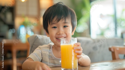 adorable kid drinking a glass of orange juice on a blurry light background. having breakfast.