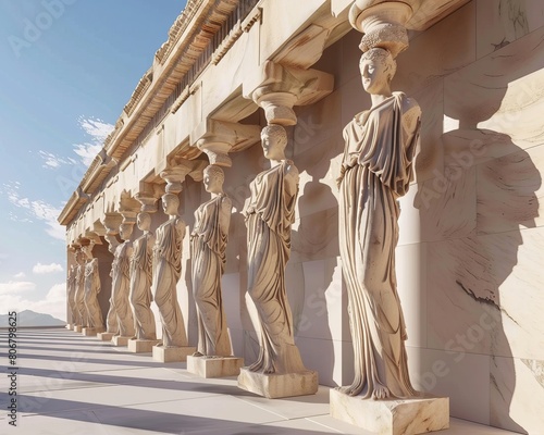 A minimalist representation of the Erechtheion's graceful Caryatid statues, super realistic photo