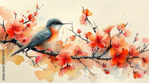 Delicate watercolor composition of a hummingbird sipping nectar from a cluster of colorful blossoms