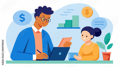 A counselor helps a student understand the importance of creating a budget and sticking to it in order to effectively manage their student loan. Vector illustration