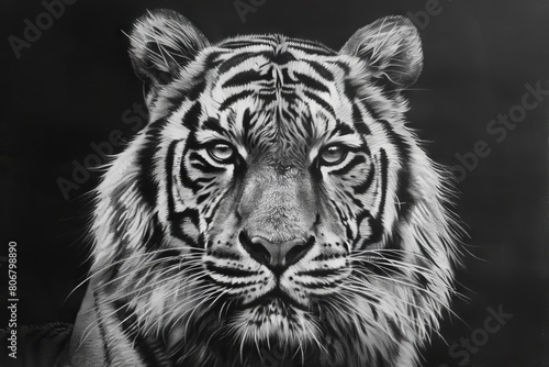 striking black and white portrait of a majestic tiger charcoal sketch