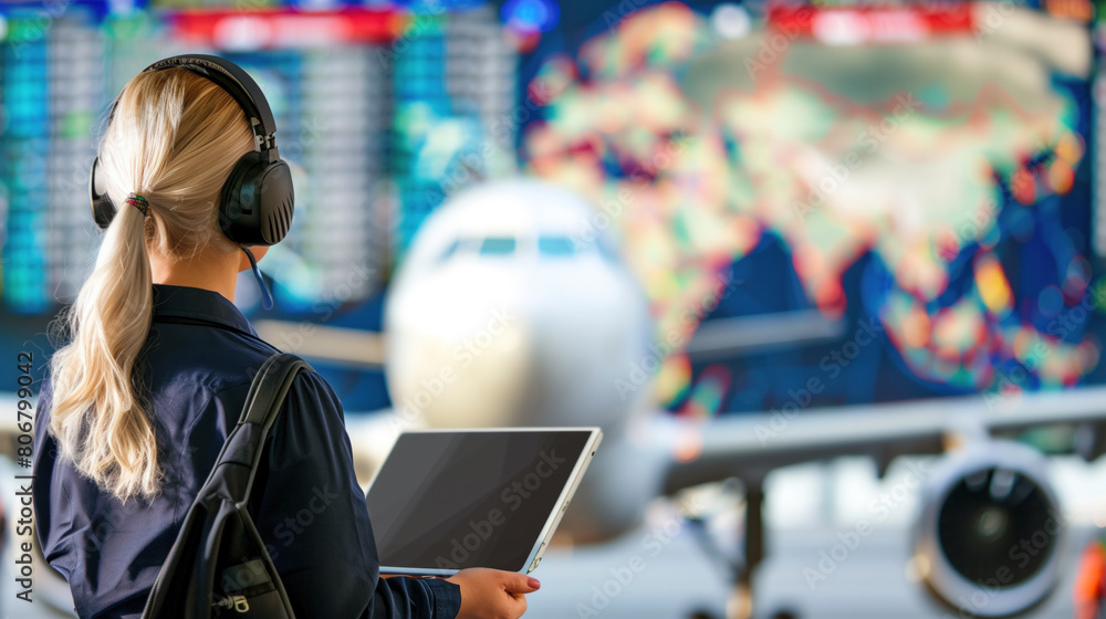 Aviation scheduling personnel monitoring flight data on large screens. Aviation scheduling personnel monitoring flight data on large screens.