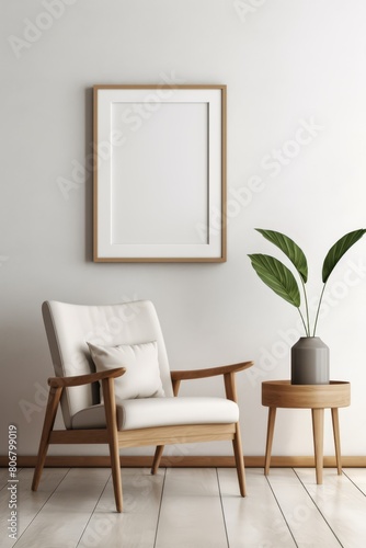 Frame mockup on a light grey wall in a minimalist styled room, enhanced by a sleek, modern chair, © FoxGrafy