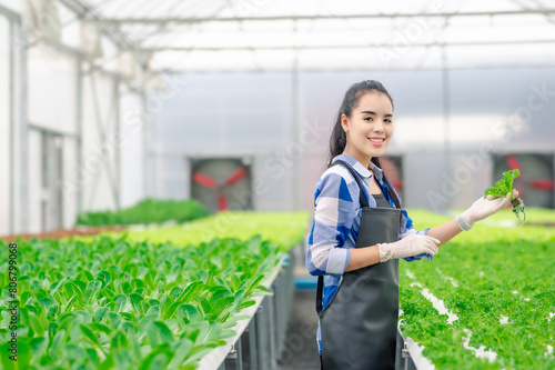 Happy Asian woman checking fresh organic vegetable in greenhouse