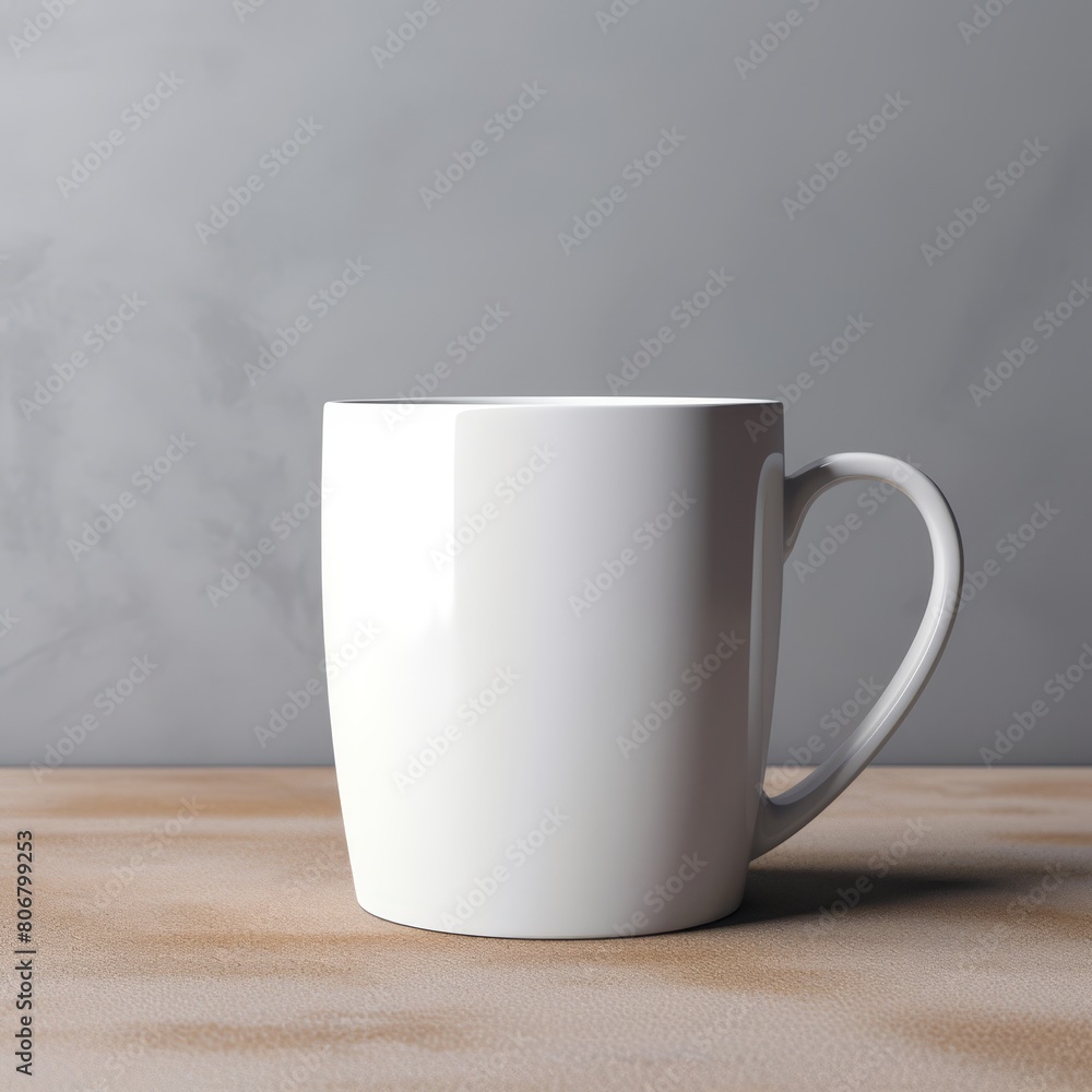 Obraz premium Contemporary white coffee mug mockup on a neutral background, featuring soft shadows and a cozy vibe.