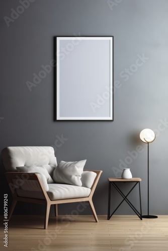 Frame mockup against a minimalist grey wall  complemented by modern  subtle touches and ambient lighting 