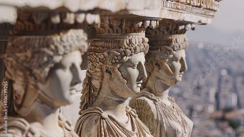 Capture the intricate details of the ancient Greek sculptures that adorn the Acropolis , super realistic photo