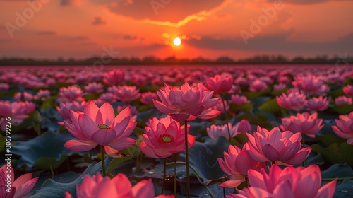 A lake covered with pink water lily flowers.