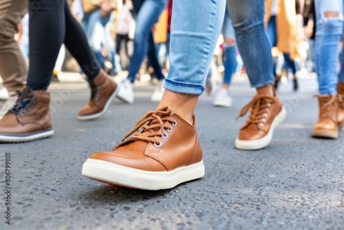 Close-up of Pedestrian's Shoes Walking on Urban Street - City trip Travel journey, Dynamic Motion, March Protest