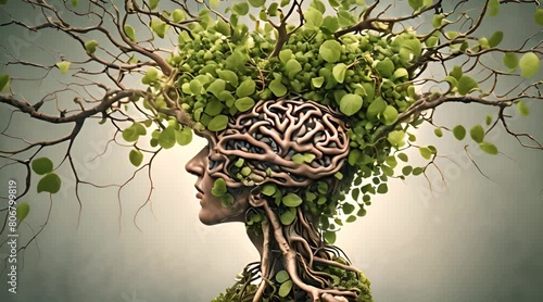 Abstract human brain seamlessly merging with the roots of towering tree, symbolizing the interconnectedness of the human mind with nature and the wisdom of the natural world