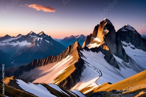 Stunning landscape wallpaper of rugged mountain peaks at sunset, covered in snow, generative ai
