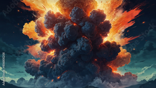 Epic anime style nuclear explosion background, cartoon blast with smoke clouds, fire and particles 