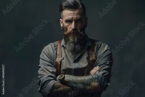 Handsome Man With Beard. Stylish Lumberjack Hipster in Suspenders and Ink Tattoos