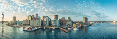Panoramic Buildings of Downtown Halifax, Nova Scotia, Canada: Aerial View of Modern Architecture at Waterfront © AIGen