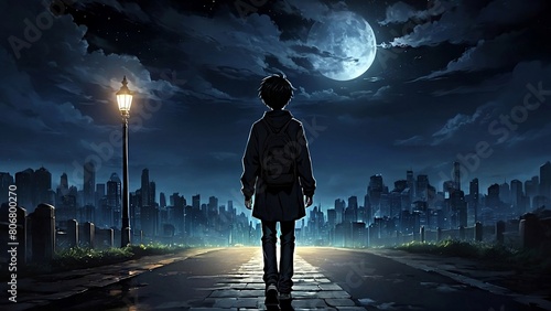 A boy walks alone on the street at night photo