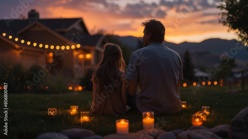 A father and his young daughter sit together in a backyard, enjoying a peaceful sunset surrounded by candles.