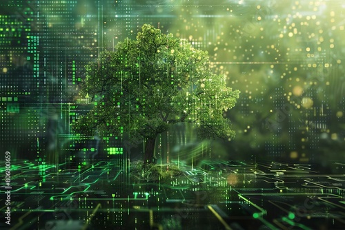 fusion of nature and technology tree seamlessly integrated into cyber data network digital illustration