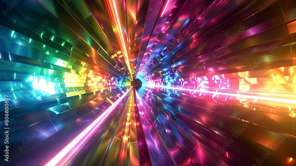 Exploring a Dynamic D Hyperspace Tunnel with Rainbow Laser Beams and Abstract Geometry. Concept Rainbow Laser Beams, Abstract Geometry, Hyperspace Tunnel, Dynamic D, Exploration