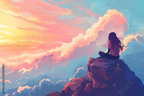 A girl sitting at the top of a mountain  looking at the beautiful sky and clouds  in the style of a cartoon