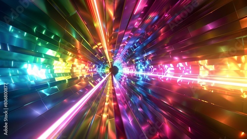Exploring a Dynamic D Hyperspace Tunnel with Rainbow Laser Beams and Abstract Geometry. Concept Rainbow Laser Beams  Abstract Geometry  Hyperspace Tunnel  Dynamic D  Exploration