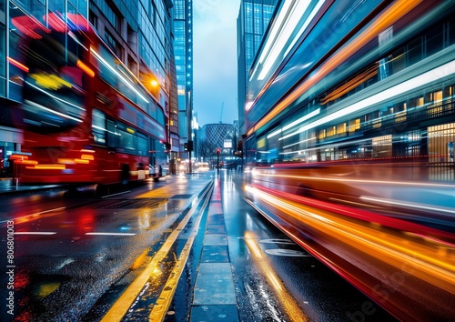 Vibrant City Lights and Moving Traffic on Wet Urban Street at Twilight