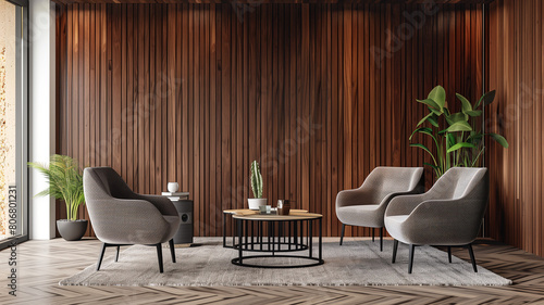Modern waiting room with armchairs and wooden partition walls.