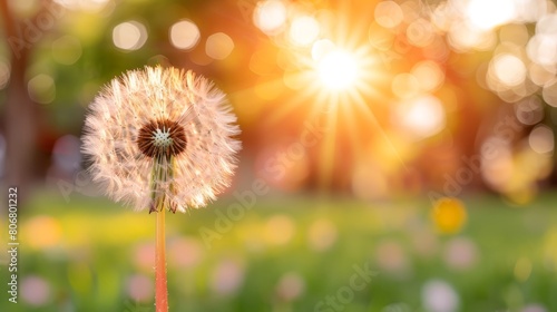   A tight shot of a dandelion against a backdrop of grass Sun rays filter through nearby trees