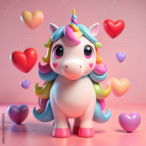 3D, cute, colorful unicorn for valentines day