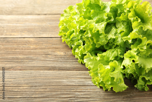 Fresh green lettuce leaves on grey wooden background. Space for text