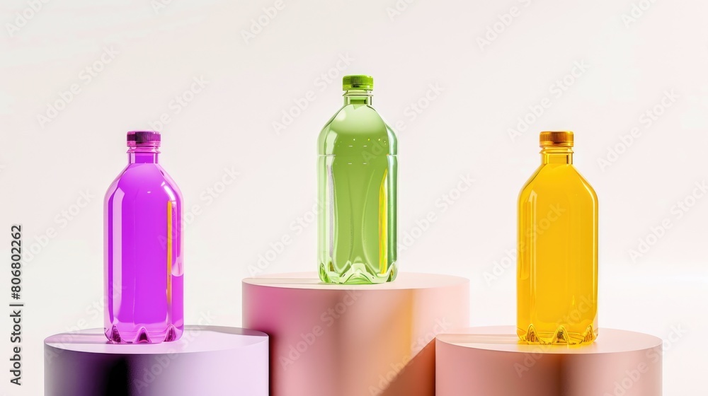 Three bottle mockups of different colors in shades of purple, green and yellow stand on podiums on an isolated white background Three bottle mockups of different colors in shades of purple, green and yellow stand on podiums on an isolated white background