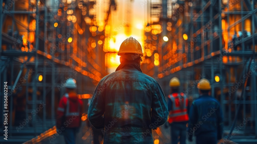 Obraz premium Workers in hard hats busy on a construction project, abstract , background